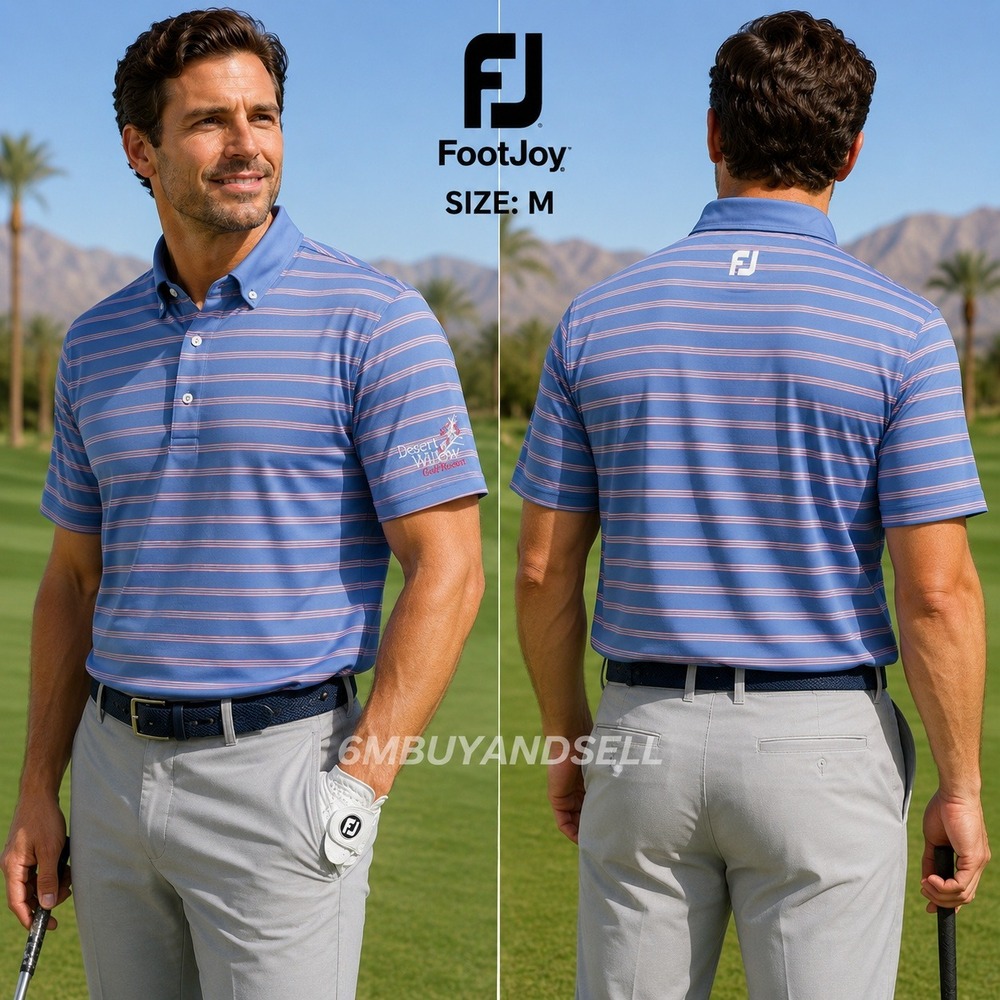 FootJoy Mens ProDry Golf Polo Shirt‎ Blue Pink Striped Desert Willow Logo Size M